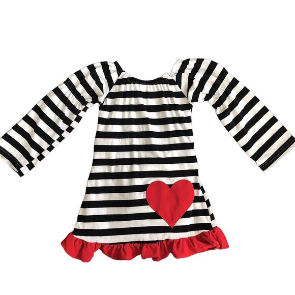 Black And White Stripe Red Valentine Heart Ruffle Tunic Dress size 4 - Picture 1 of 2